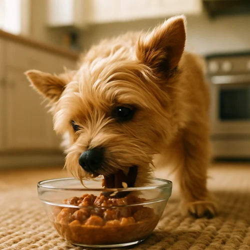 Dog eating fresh food