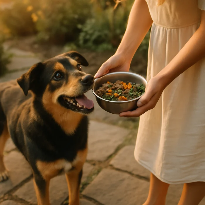 Happy dog with fresh food bowl