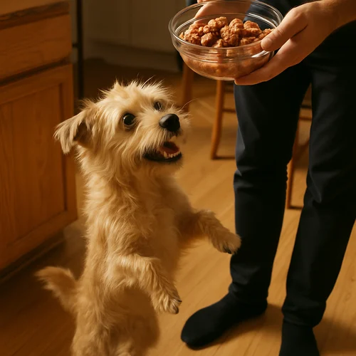 Excited dog with food