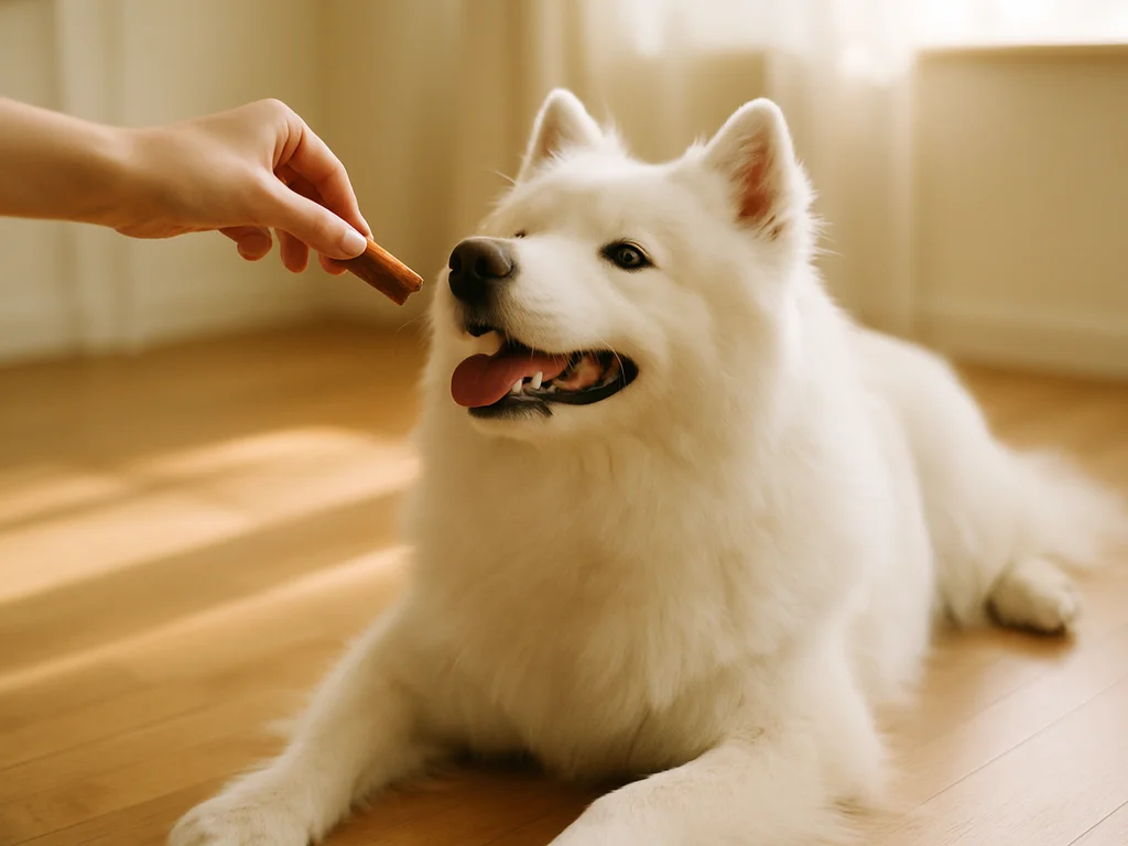 Happy dog being fed a treat